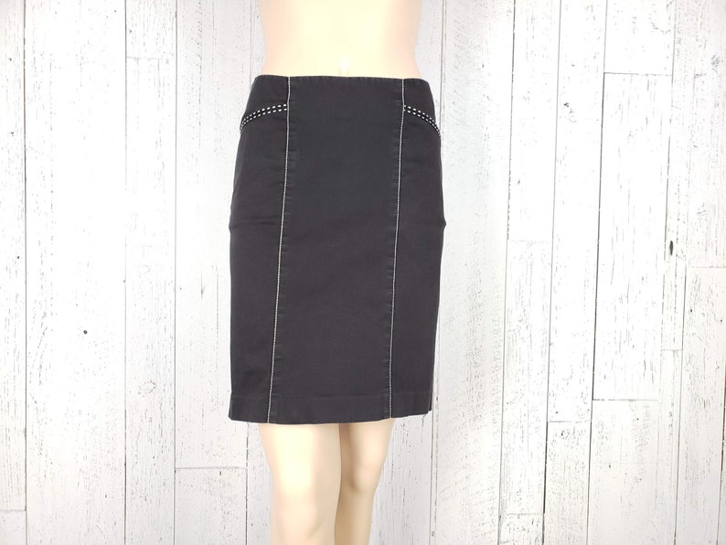 Vintage 90s Black Straight Pencil Denim Skirt 30 Waist Medium 4 Pockets White Seam Details Back Slit High Waist Minimal Secretary Grunge