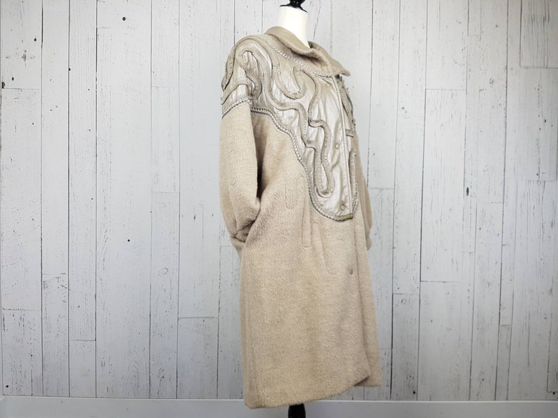 Vintage 80s Felted Wool Long Coat w Supple Leather Abstract Native Inspired Pattern Women/'s Large Oversize Pockets New Wave Winter Jacket