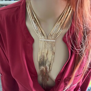 Cleavage necklace , gold fringe necklace set, cleopatra necklace, long gold chain necklace, gold bib necklace set,  gold tassel and earrings