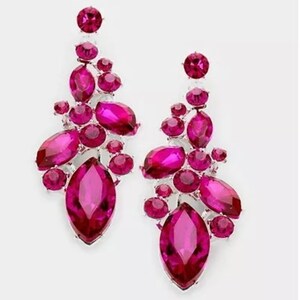 2.75 inch long hot pink fuchsia Chandelier pageant rhinestone crystal silver earrings pierced