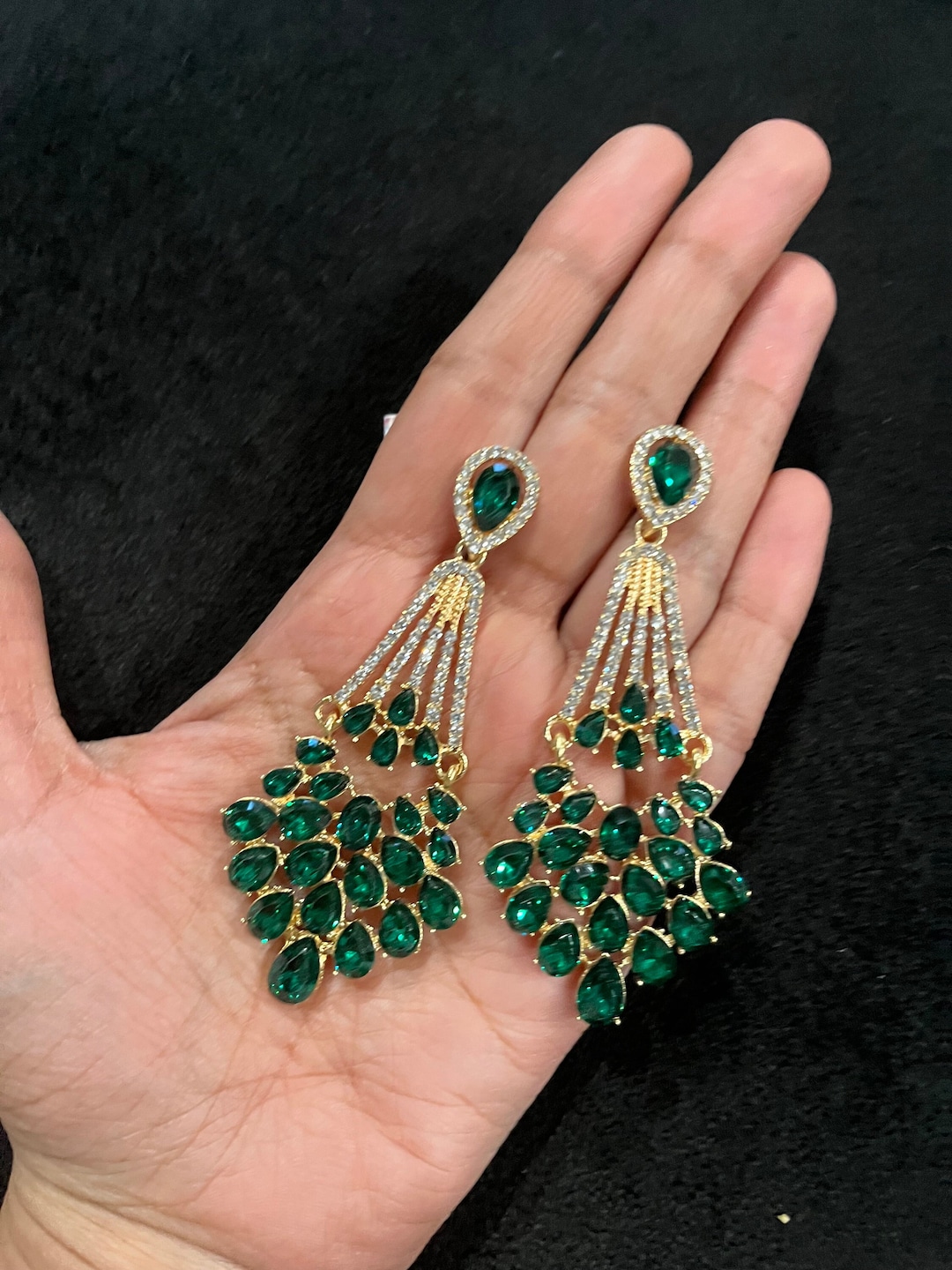 Green Crystal Earrings , Large Green Earrings , Green and Gold Tone