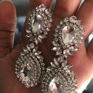 White earrings clear crystal pageant white silver wedding long rhinestone bridal earrings big pierced