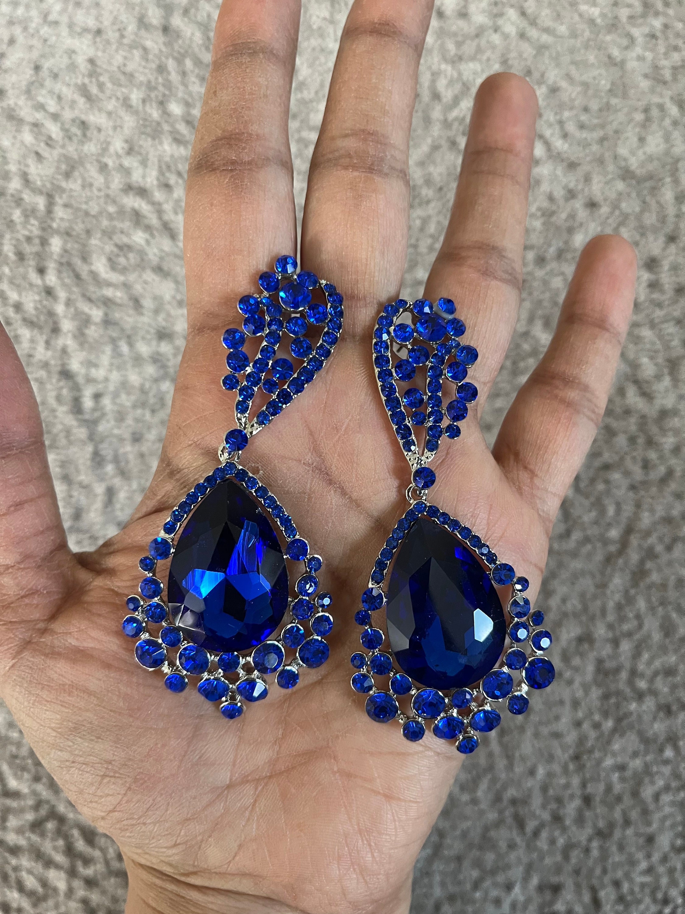 Big Round CZ Diamond Designer Silver Plated Blue Stud Earrings for Women &  Girls