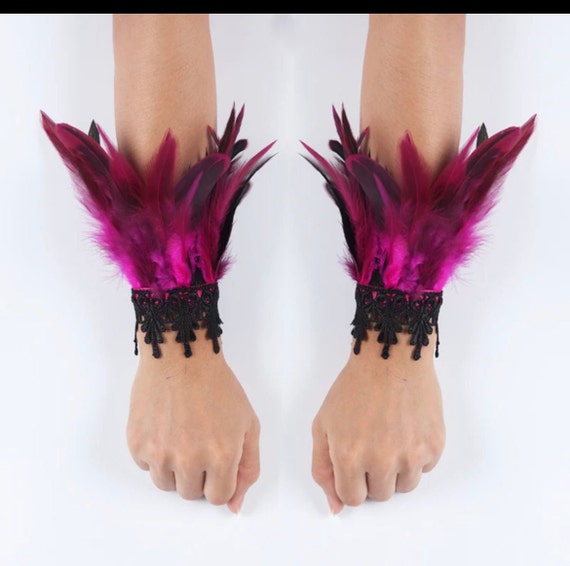 Fuchsia Pink Feather Cuff Bracelet Pair Gothic Masquerade - Etsy