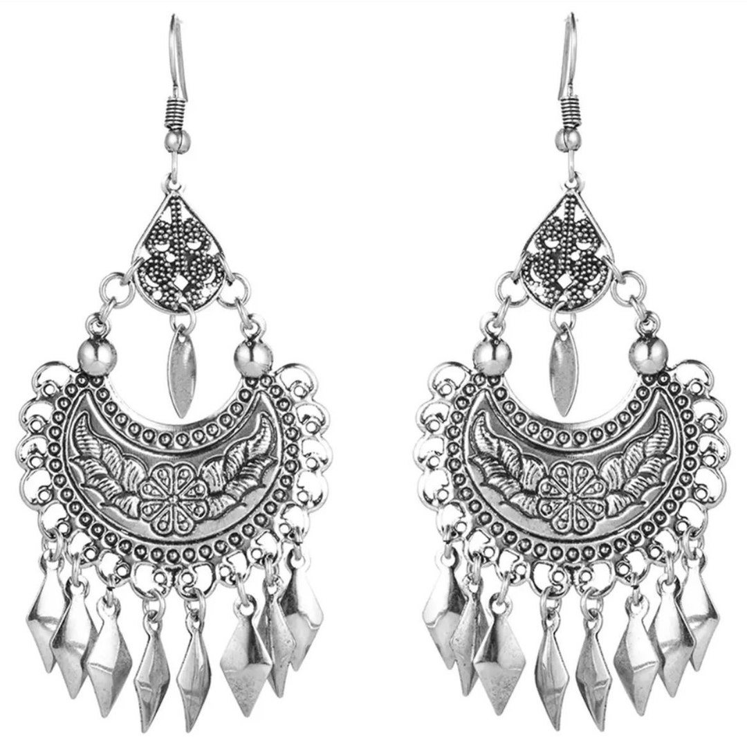 Long Silver Earrings , Silver Chandelier Earrings , Carved Earrings