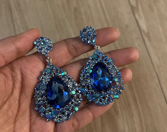 blue rhinestone earrings , big blue Ab earrings , blue statement earrings , long blue earrings ,big blue , large crystal earrings
