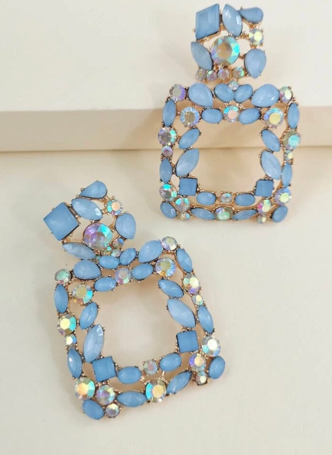 Blue Rhinestone Earrings , Big Baby Blue Earrings , Light Blue Statement Earrings , Long Blue