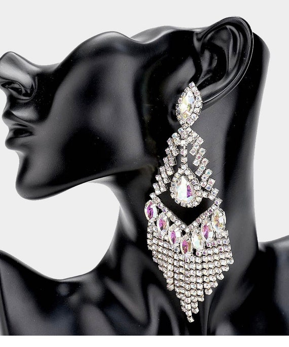 Large AB Crystal Rhinestone Statement Pageant Earrings | L&M Bling