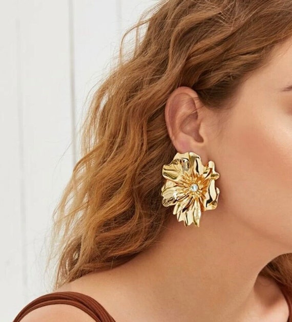 TFC Floral and Dangling Pearls Gold Plated Earrings