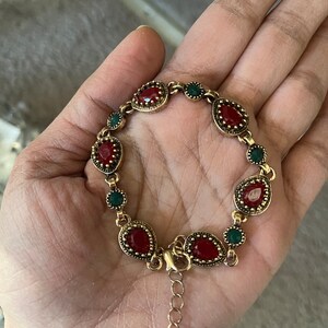 Golden bracelet, Vintage style bracelet lightweight , statement bracelet , gold bracelet , boho bracelet gold tone chunky red green