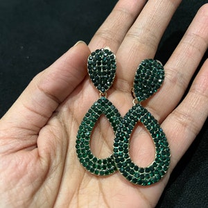 green clip on earring  dark green pine green no piercing no hole teardrop crystal rhinestone dangle long earrings wedding