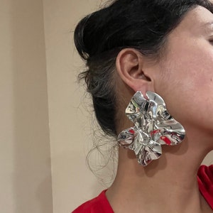 Big Silver stud earrings ,huge  silver  statement bold  studs large , silver abstract petal earrings , chunky metal shiny stud earrings