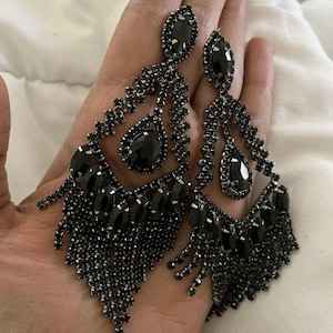 Black fringe earrings, large black crystal earrings, large chandelier earrings, big black rhinestone earrings pageant 4.75 inch long