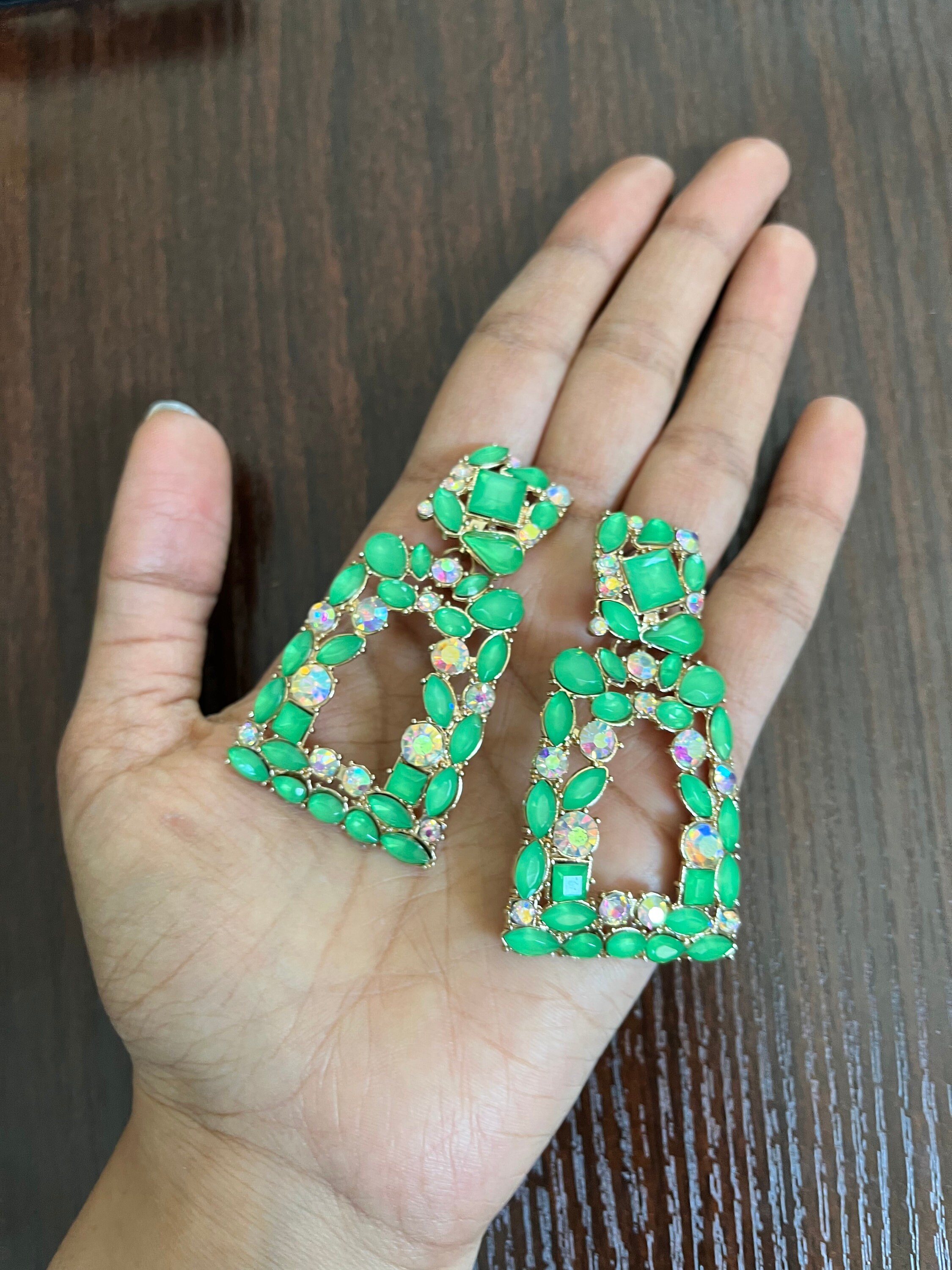Big Green Earrings Bright Green Rhinestone Earrings Large Etsy
