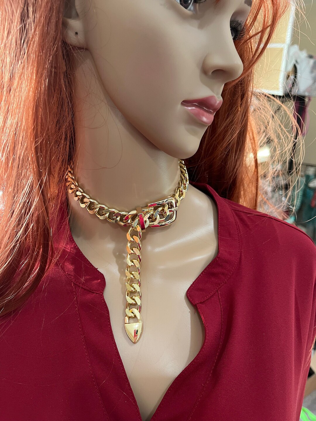 Chunky Gold Necklace, Gold Choker Belt Buckle Link Big Chain Curb Gold