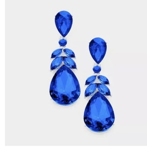 Royal blue earrings long teardrop , electric blue earrings , dangle pageant rhinestone crystal pierced earrings 2.25”