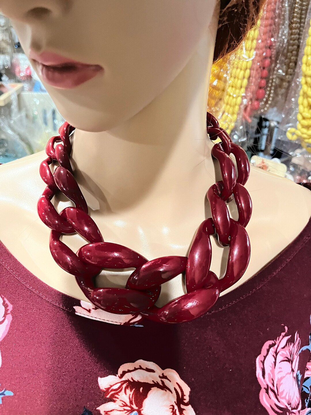 Acrylic Chain Link Necklace Burgundy Necklace Maroon Etsy