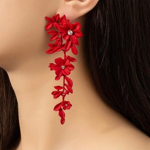 Red flower earrings , metal red earrings ,rose  red flower earrings , red petal earrings , red chandelier  , long red earrings rhinestone