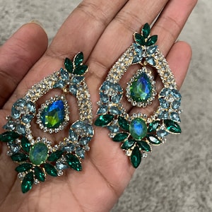 Big Blue and green earrings ,large Emerald  earrings , green crystal earrings, blue chandelier rhinestone earrings crystal 2.6” long