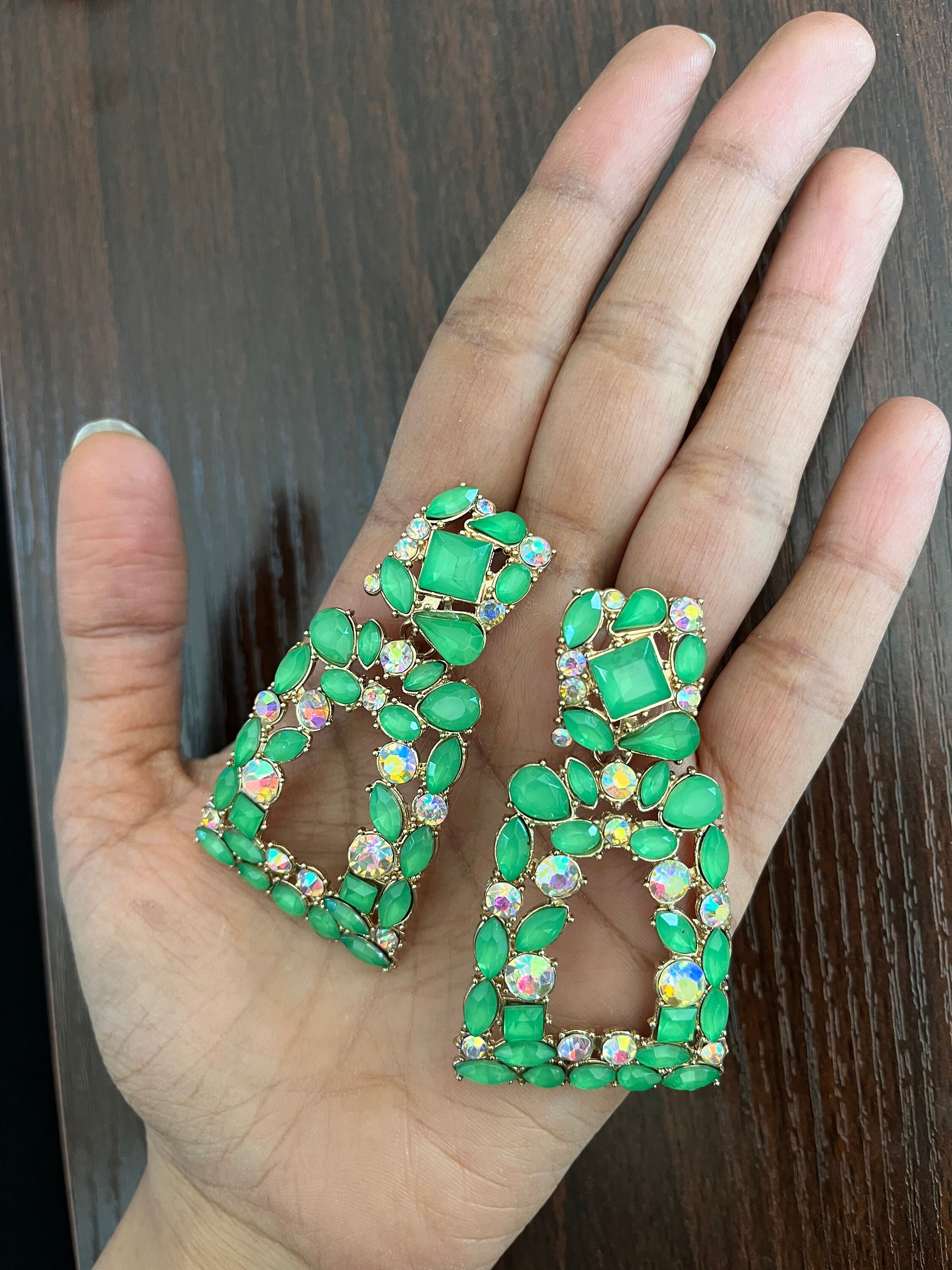 Big Green Earrings Bright Green Rhinestone Earrings Large Etsy