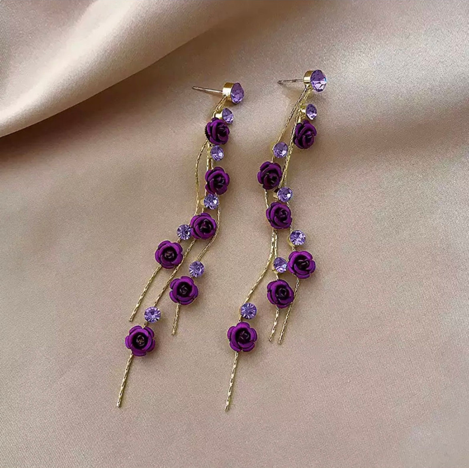 Purple Flower Earrings Long Purple Rose Earrings Purple - Etsy