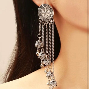 Long Silver earrings , silver chandelier earrings , carved earrings , metal bohemian earring , oxidized boho earring
