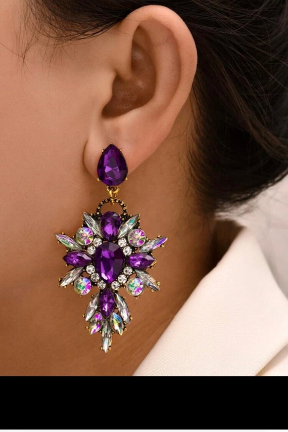 Purple Rhinestone Earrings Long Purple Crystal Earrings Purple