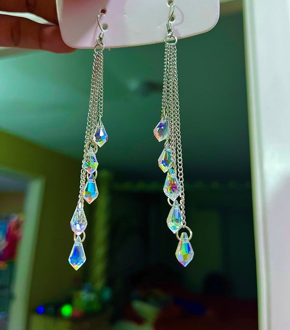 Long Aurora Borealis Earrings Long Silver Chain Earrings Long
