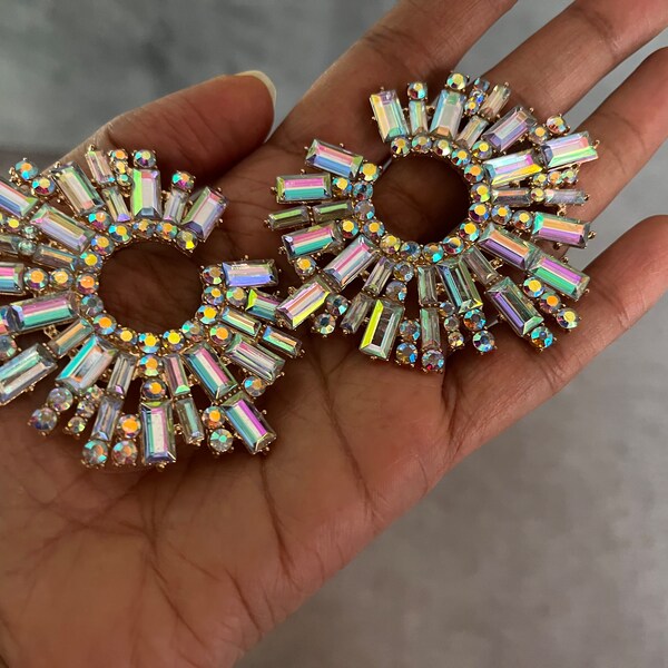 Big Aurora borealis earrings , gold iridescent stud earrings , big rainbow studs earrings , large gold stud , clear ab rhinestone  , crystal