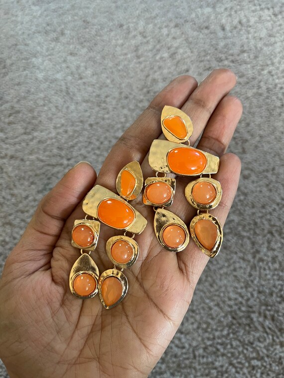 Chunky Orange Earrings Large Gold Chandelier Earrings Vintage