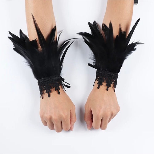 Black Feather Cuff Bracelet Pair Gothic Masquerade Gloves Etsy