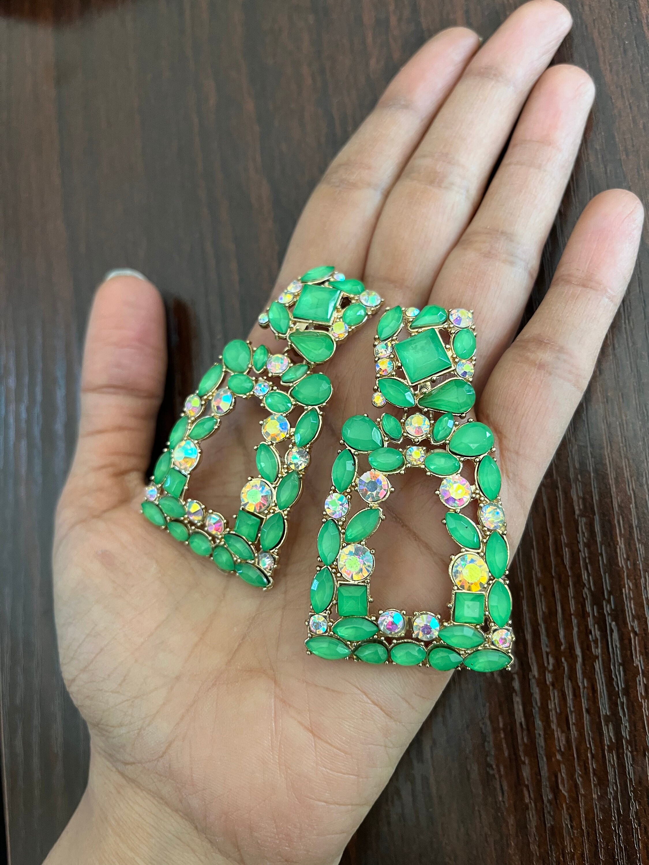 Big Green Earrings Bright Green Rhinestone Earrings Large Etsy