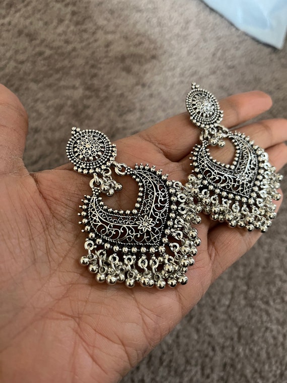 Long Silver Earrings Large Silver Oxidized Chandelier Earrings