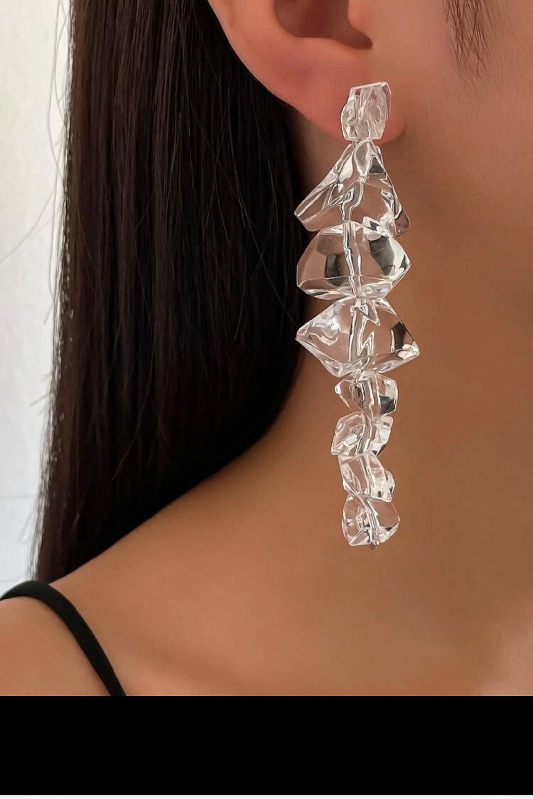 Chunky Clear Acrylic Earrings , Long Clear White Earrings , Ice Cube