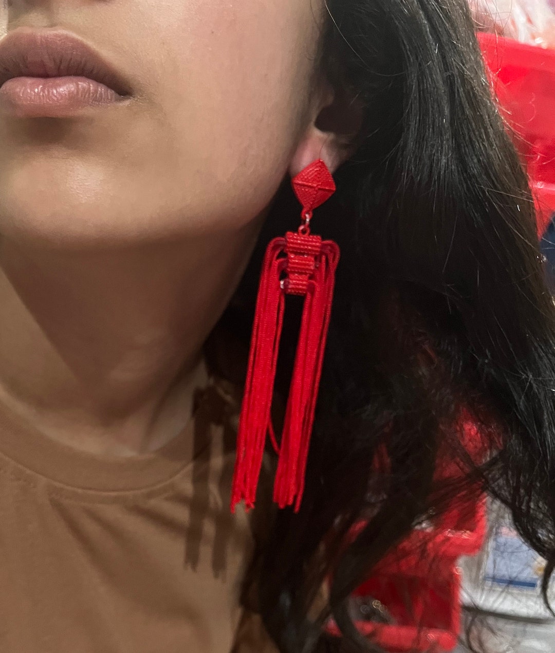 Red Fringe Earrings , Big Red Earrings , Long Bright Red Earrings , Large Tassel Red Party