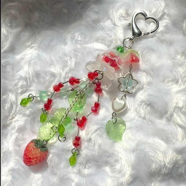 Fresh Picked Strawberries jellyfish beaded keychain pearl y2k , it girl, Gift for her