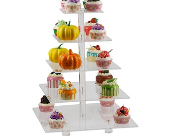 Viereckig 5 Stufen Transparent Acryl Cupcake Ständer Acryl Kuchenständer mit Sockel (4,7" zwischen 2 Schichten)