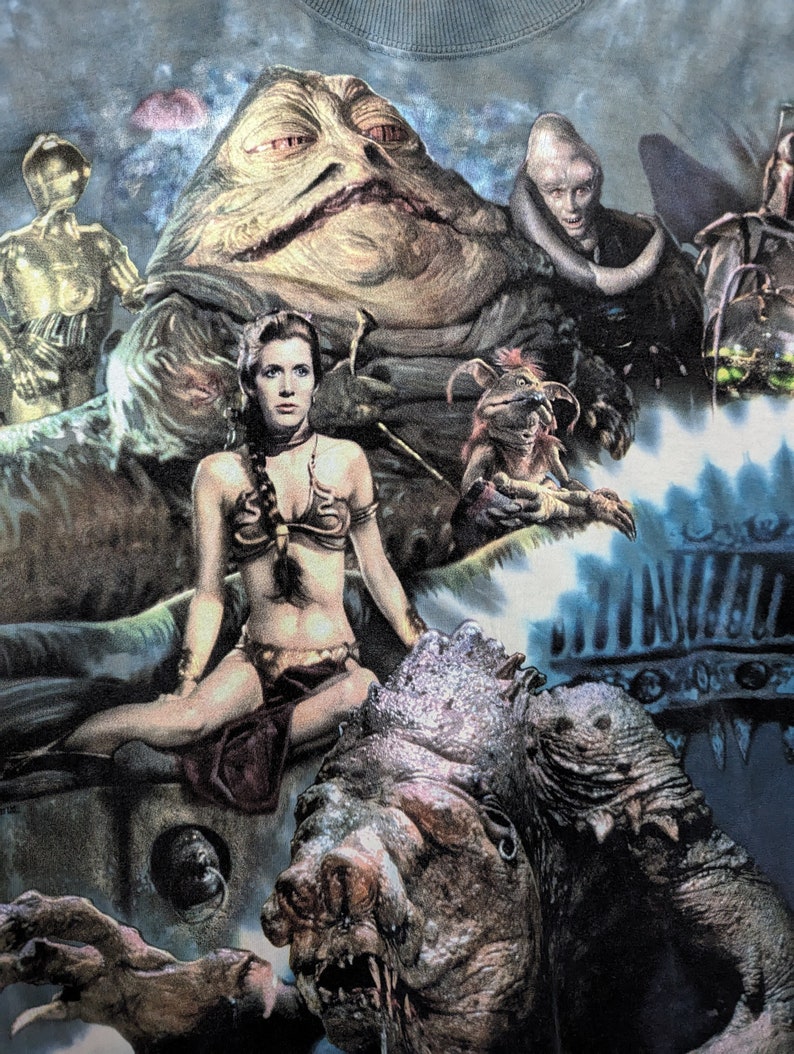 STAR WARS 1998 T-Shirt vintage Princesse Leia / Jabba le Hutt / Dark Maul / Vador / Lucasfilm / Liquid Blue / EXTRÊMEMENT Rare All Over Print image 1