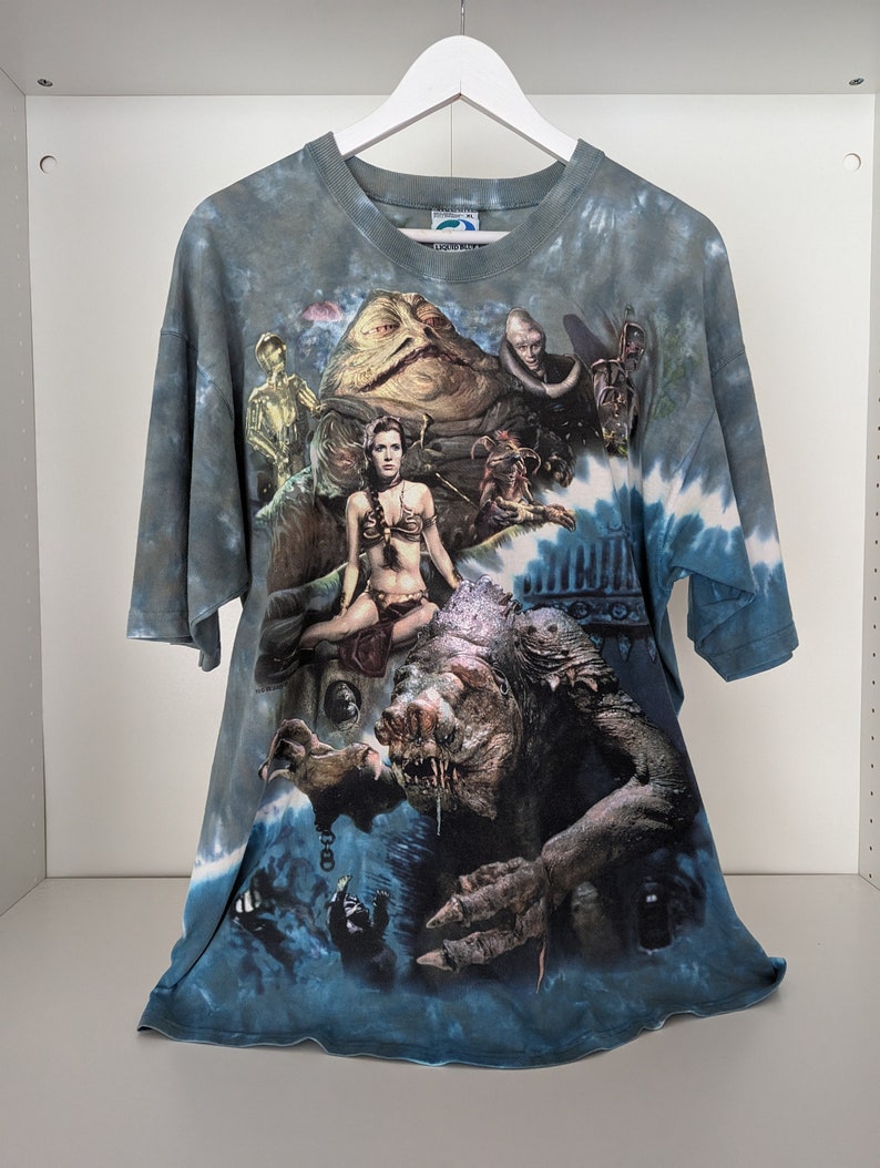 STAR WARS 1998 T-Shirt vintage Princesse Leia / Jabba le Hutt / Dark Maul / Vador / Lucasfilm / Liquid Blue / EXTRÊMEMENT Rare All Over Print image 2