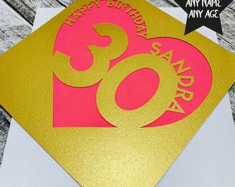 Personalised Birthday Card, 30th Happy Birthday Card, Custom 30th Birthday Card, Age Card, Milestone Birthday Card, Papercut Birthday Card