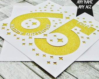 Personalised Birthday Card, 65th Happy Birthday Card, Custom 65th Birthday Card, Age Card, Milestone Birthday Card, Papercut Birthday Card