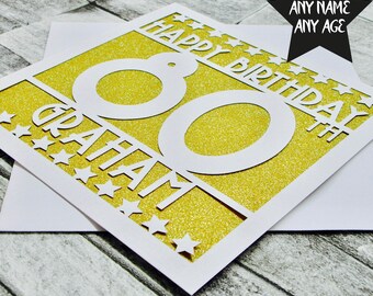 Tarjeta de cumpleaños personalizada, tarjeta de feliz cumpleaños número 80, tarjeta de cumpleaños personalizada número 80, tarjeta de edad, tarjeta de cumpleaños de hito, tarjeta de cumpleaños con recorte de papel