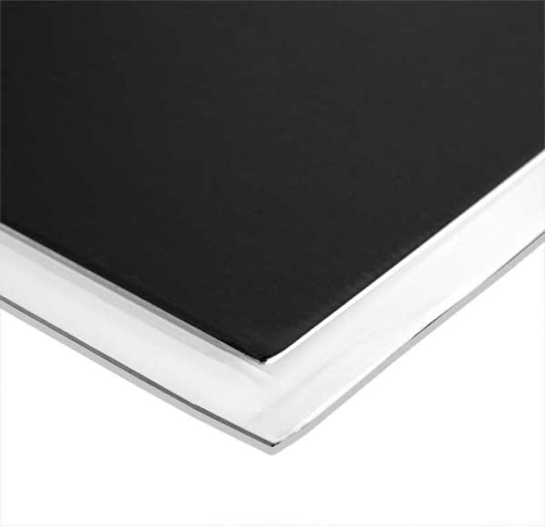 Op de afbeelding: Close-up van de rand van een zwart notitieboek met witte pagina's. Het notitieboek heeft een glad, zwart omslag en een witte rug.