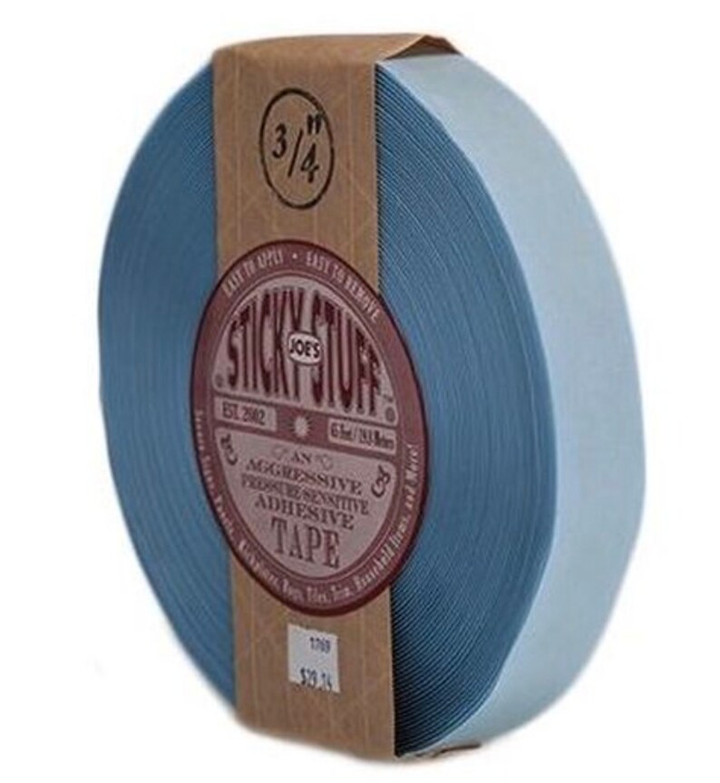 May include: A roll of blue 3/4 inch wide Sticky Stuff Joe's adhesive tape. The tape is labeled "An Aggressive Pressure Sensitive Adhesive Tape" and "Easy to Apply - Easy to Remove".