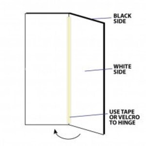 May include: Diagram showing how to fold a piece of paper in half and use tape or Velcro to create a hinge. The paper has a black side and a white side.