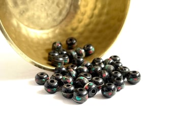 INLAID BONE BEADS | 8mm Vintage Black Yak Bone Beads Inlaid with Multicolored Coral + Turquoise Glass (Package of 10)