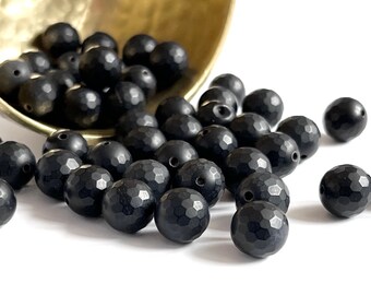 AGATE BEADS | 12mm Faceted Round Black Agate Beads with Silky Semi-Matte Finish (Package of 16 — Half Strand Equivalent)