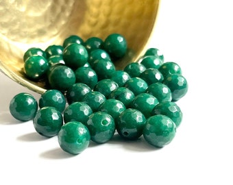 JADE BEADS | 12mm Faceted Round Jade Beads in Marbled Emerald Green (Package of 16 — Half Strand Equivalent)