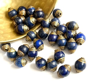 NEPALI BEADS | 10x15mm Smooth Natural Lapis Lazuli Beads with Stamped Brass Ends (Package of 5)