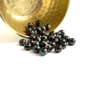 INLAID BONE BEADS | 8mm Vintage Black Yak Bone Beads Inlaid with Multicolored Coral + Turquoise Glass (Package of 10)